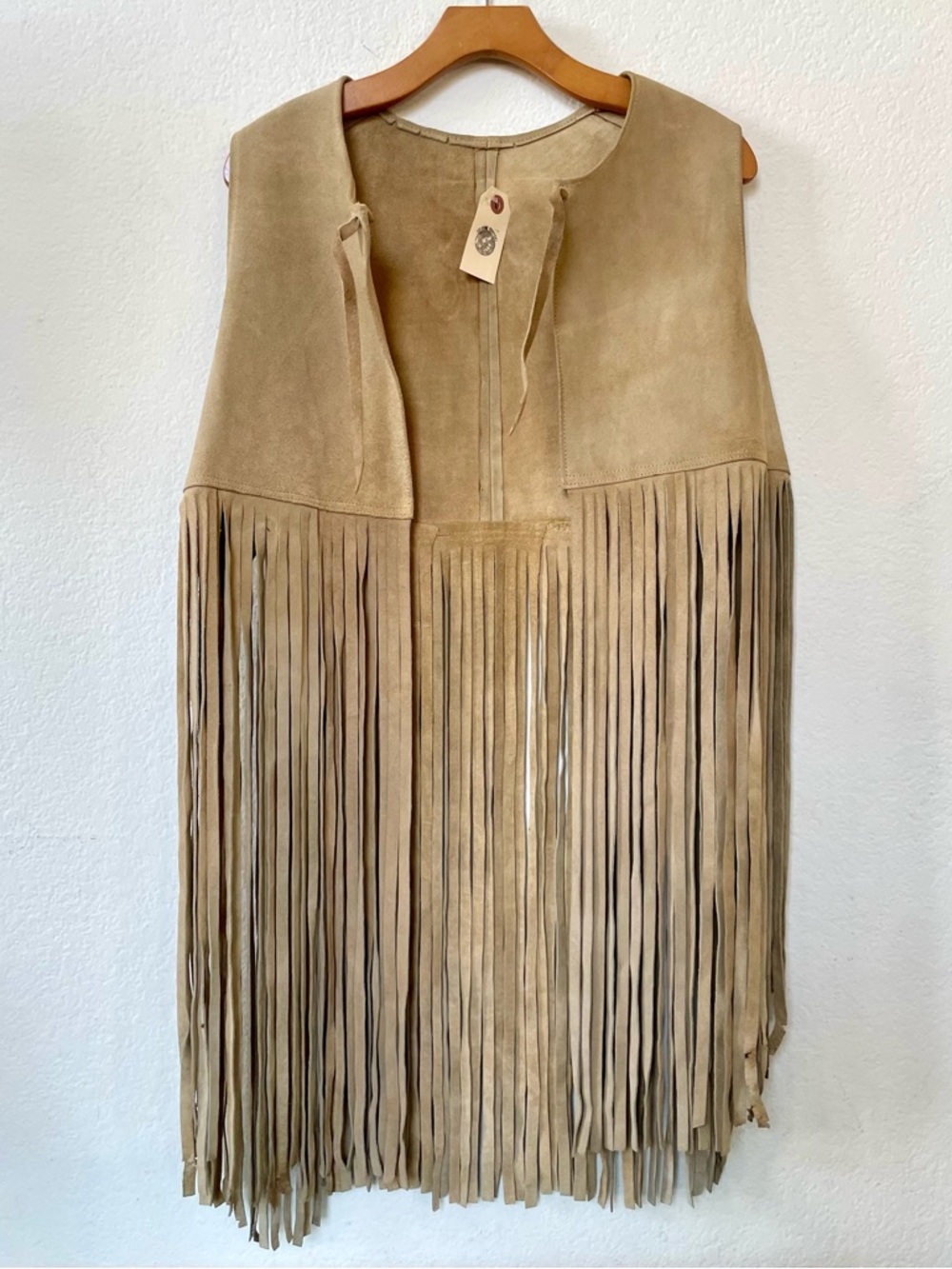 Vintage Suede Fringe 70s Vest Boho Western Festival Taupe Beige OS